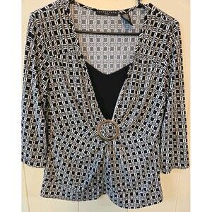 Apostrophe Black And White Geometric Print W Metal Ring 3/4 Sleeve Blouse Sz PL
